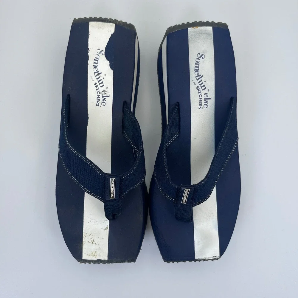 Somethin Else‎ Skechers Platform Flip Flops Womens 10 Navy Good Y2K Chunky